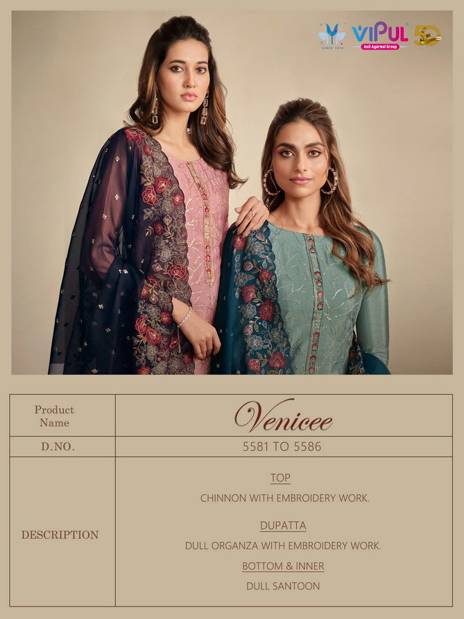 Venicee By Vipul Chinnon Embroidery Designer Salwar Suits Wholesale Price In Surat